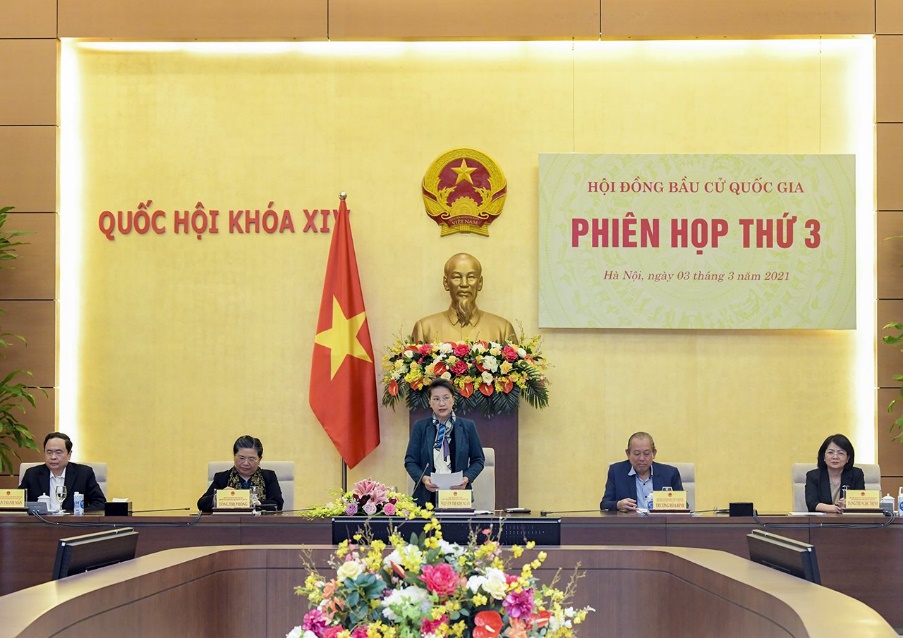 Chủ tịch Quốc hội, Chủ tịch Hội đồng bầu cử quốc gia Nguyễn Thị Kim Ngân phát biểu tại phiên họp thứ 3 của Hội đồng Bầu cử quốc gia ngày 03/3/2021.  (Ảnh: quochoi.vn)