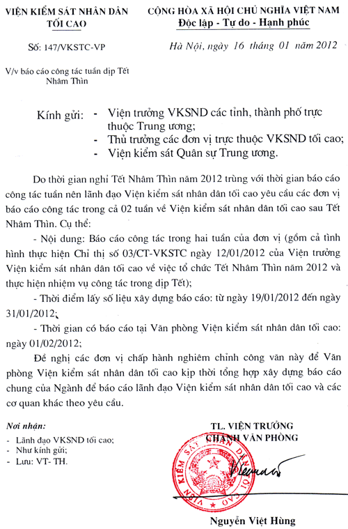 Viện Kiểm Sát Nhân Dân Tối Cao Có Văn Bản Số 147/Vkstc-Vp